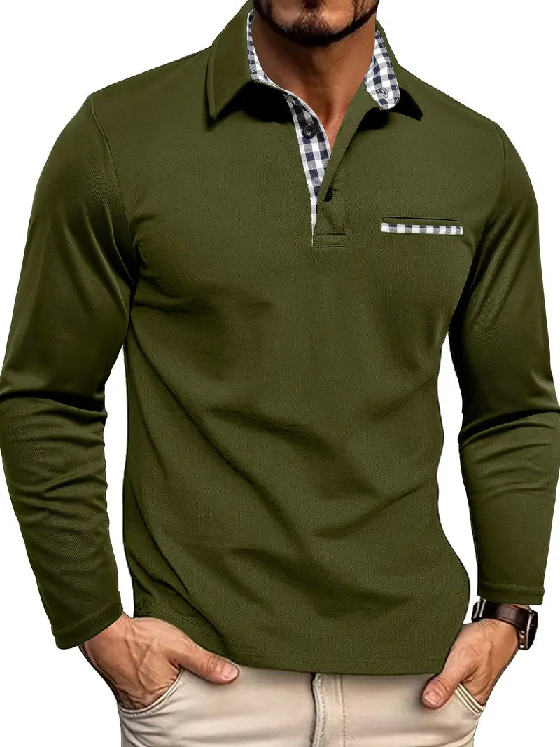 Herren Poloshirt Langarm Modernes Kontrastdesign Baumwolle Weiß