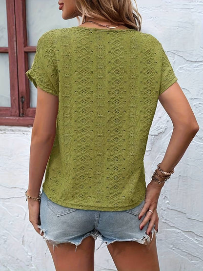 Eveloria Damen T-Shirt Eingekerbter Ausschnitt Lochstickerei