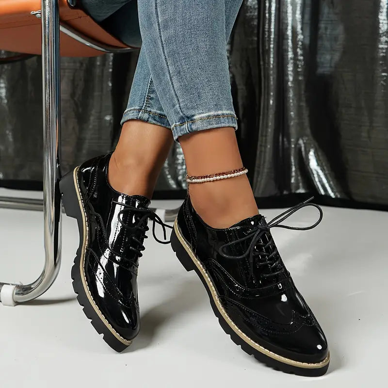 Eveloria Damen Oxford-Schuhe Leder Klobige Sohle Schwarz - Eveloria