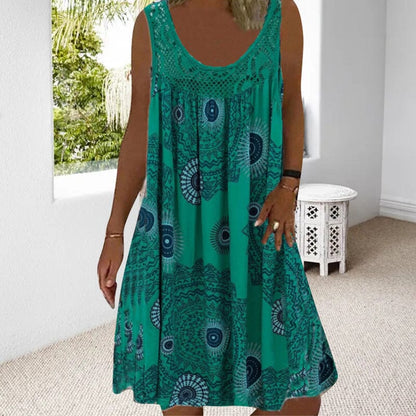 Damen Ärmelloses O-Ausschnitt Kleid Sommer Druck