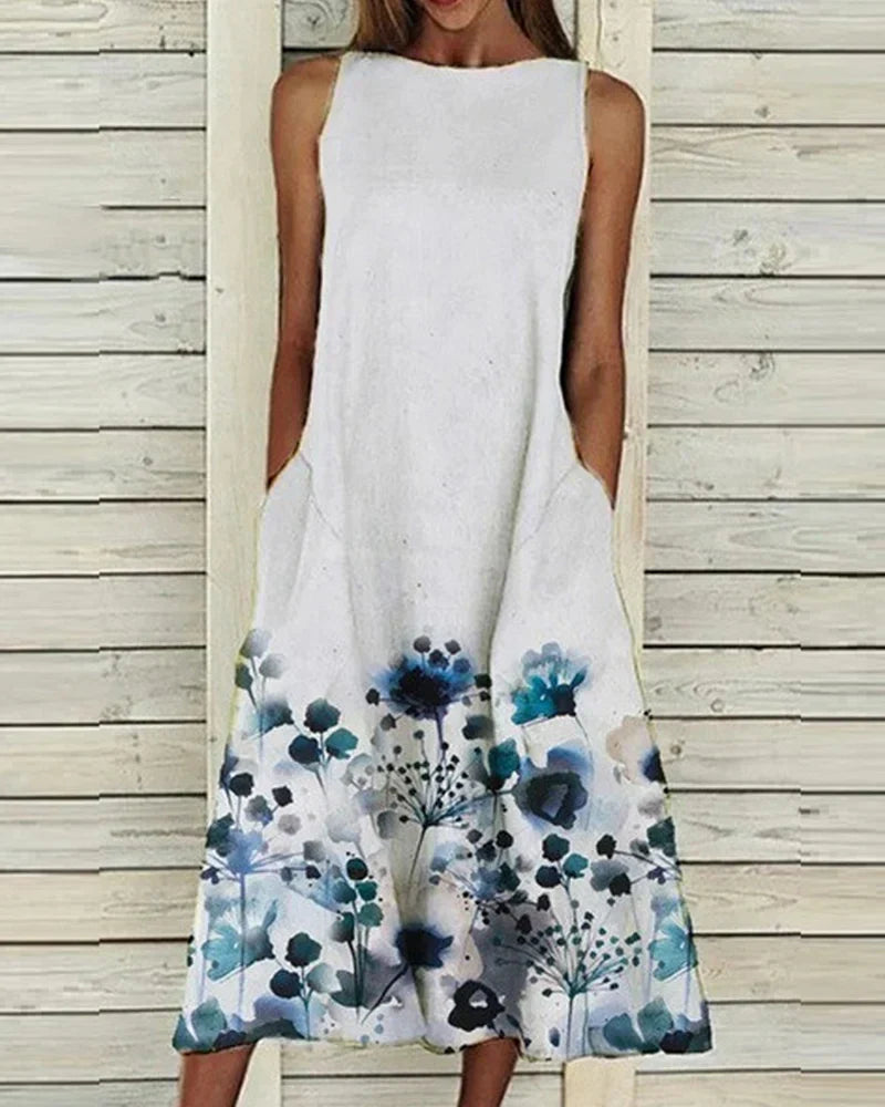 Damen Ärmelloses Rundhals Blumen Midi Kleid - Eveloria