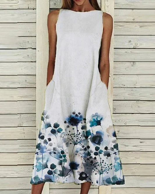 Damen Ärmelloses Rundhals Blumen Midi Kleid - Eveloria