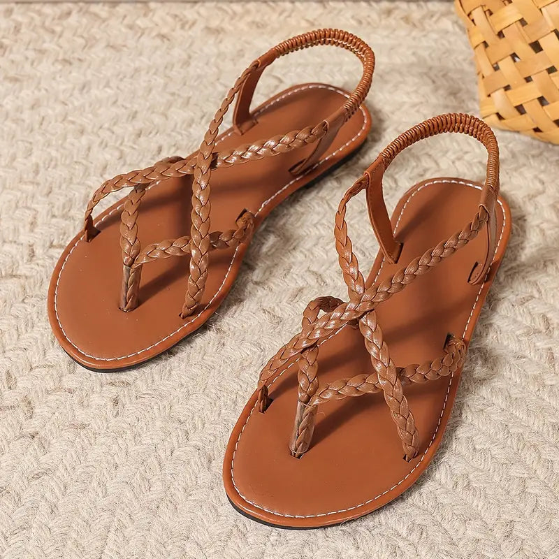 Damen Geflochtene Flache Sandalen Beige