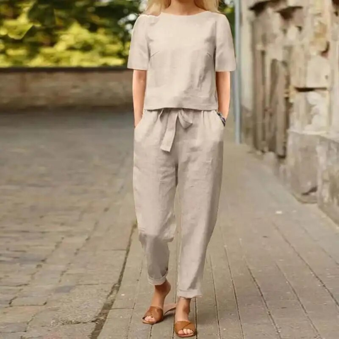 Damen Leinenset Zweiteilig Luftig Elegant Weiß - Eveloria