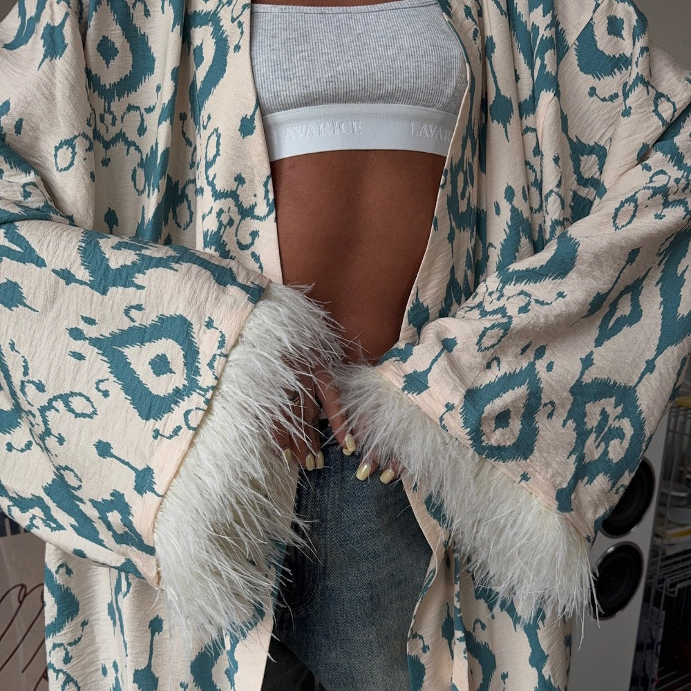 Damen Kimono-Mantel Beige-Türkis Bedruckt Federärmel