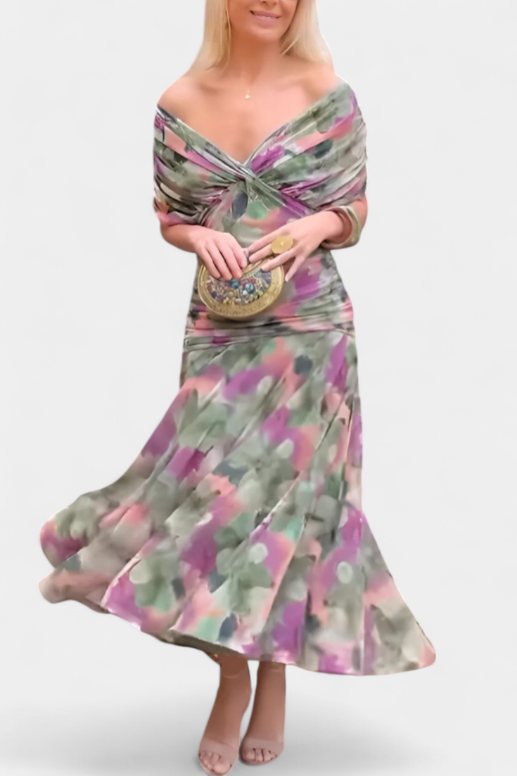 Damen Maxi Kleid Off-Shoulder Gerafftes