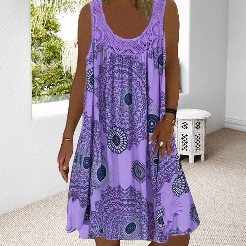 Damen Ärmelloses O-Ausschnitt Kleid Sommer Druck