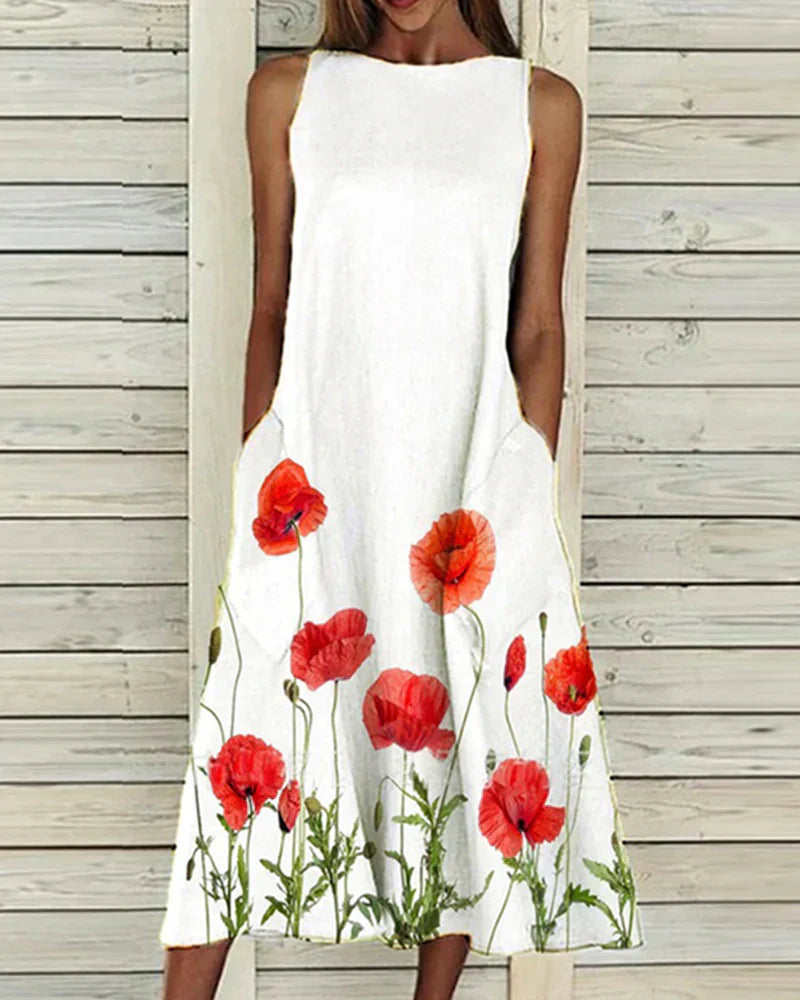 Damen Ärmelloses Rundhals Blumen Midi Kleid
