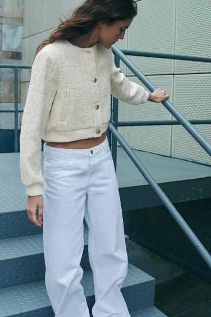 Kurze Damen Bouclé-Jacke Goldknöpfe Beige
