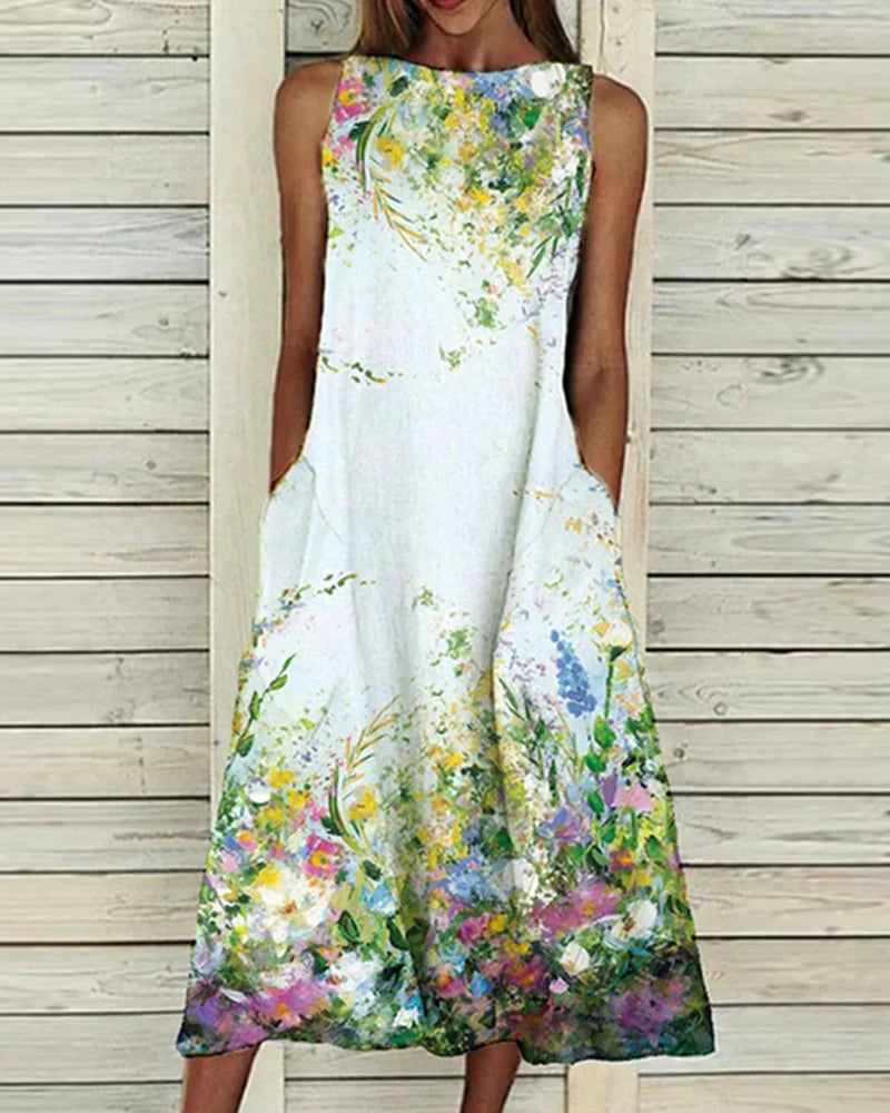 Damen Ärmelloses Rundhals Blumen Midi Kleid