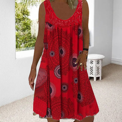 Damen Ärmelloses O-Ausschnitt Kleid Sommer Druck