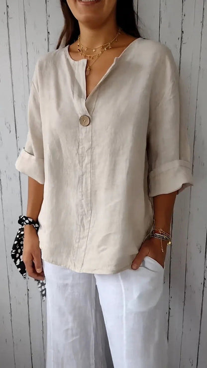 Damen Baumwoll T-Shirt V-Ausschnitt mit Knöpfen Leicht Beige