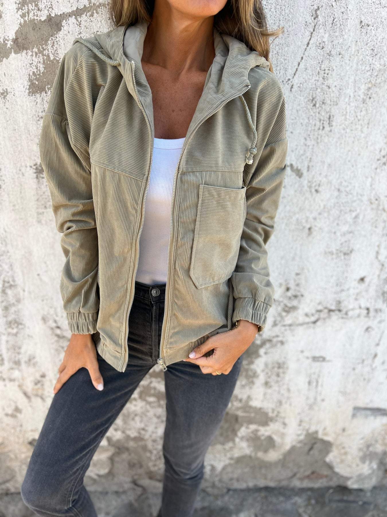 Eveloria Damen Cordjacke Reißverschluss Braun