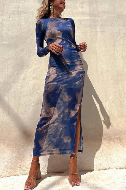 Damen Midi Kleid Langarm Rüsch Mesh Stretch Charm Lady Tie Dye Schwarz - Eveloria