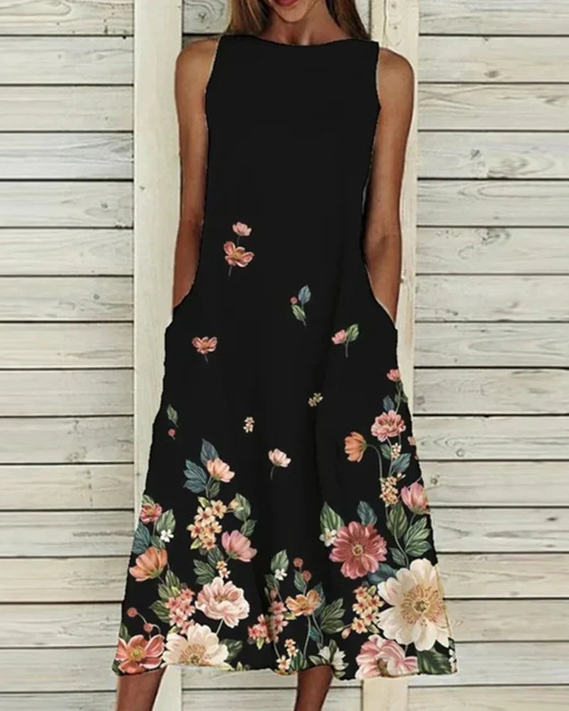 Damen Ärmelloses Rundhals Blumen Midi Kleid