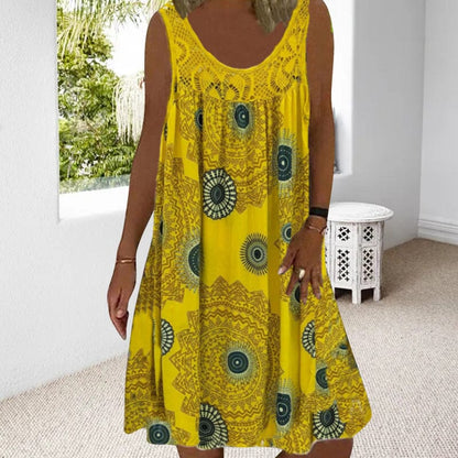 Damen Ärmelloses O-Ausschnitt Kleid Sommer Druck