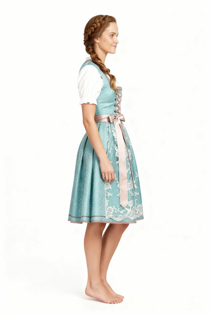 Damen Dirndl Traditionell Mit Schürze Blau Weiss