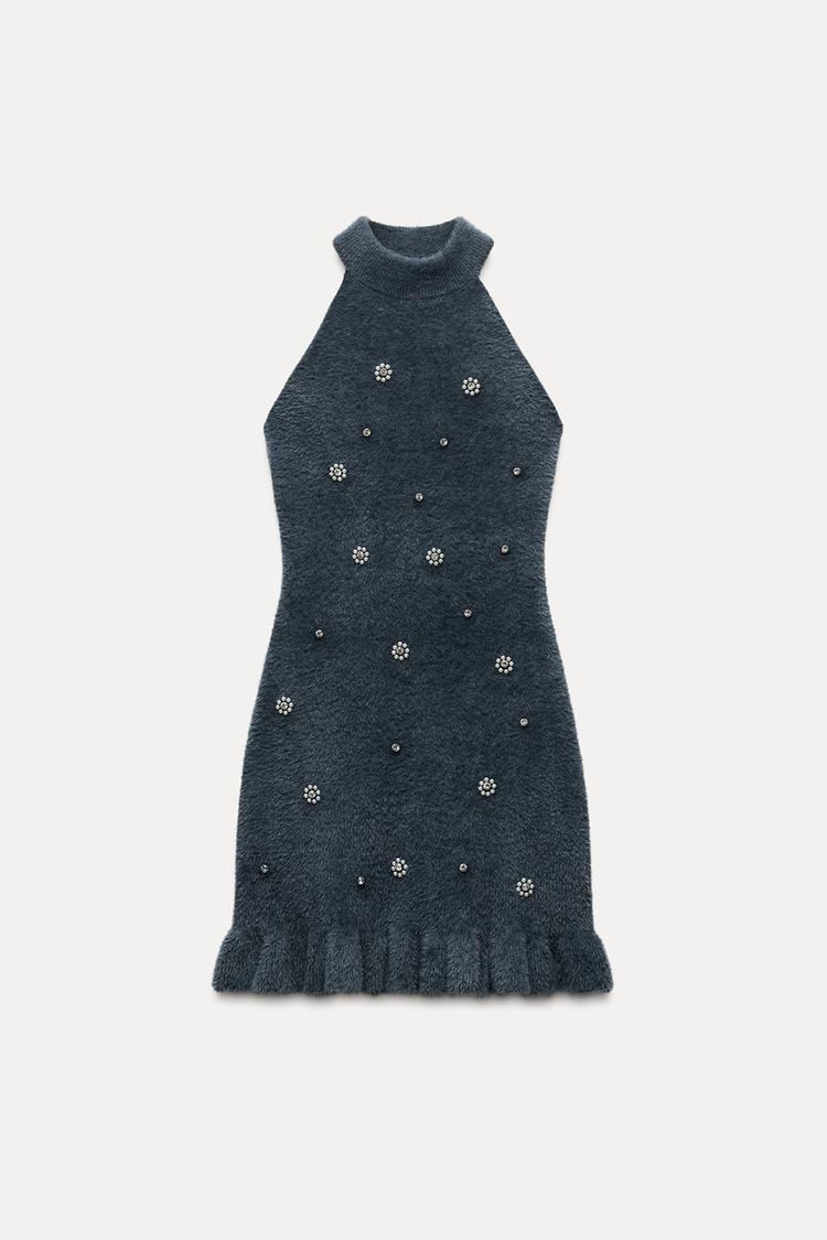 Damen Strick-Minikleid Perlen Gerüschter Saum - Norvielle