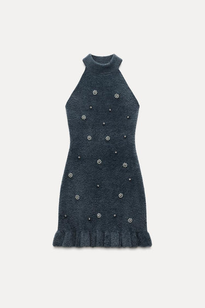 Damen Strick-Minikleid Perlen Gerüschter Saum - Norvielle