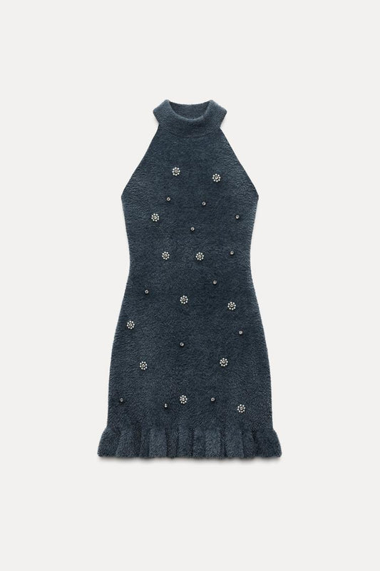 Damen Strick-Minikleid Perlen Gerüschter Saum - Norvielle