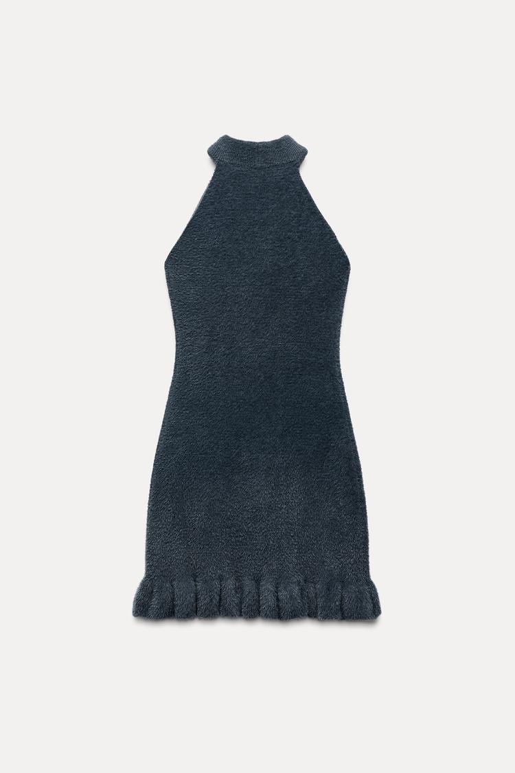Damen Strick-Minikleid Perlen Gerüschter Saum