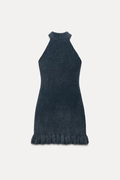 Damen Strick-Minikleid Perlen Gerüschter Saum