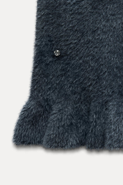Damen Strick-Minikleid Perlen Gerüschter Saum