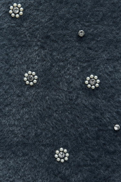 Damen Strick-Minikleid Perlen Gerüschter Saum