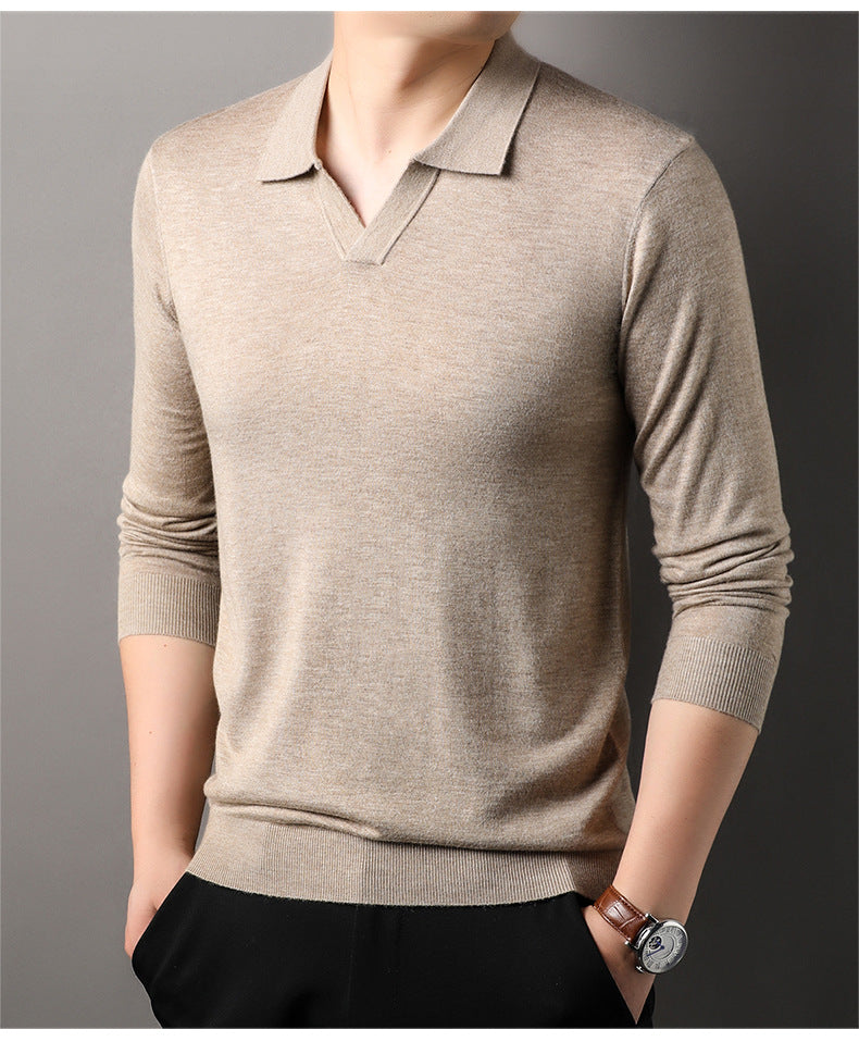 Herren V-Ausschnitt Polo-Shirt Langarm Baumwolle Weiß - Eveloria