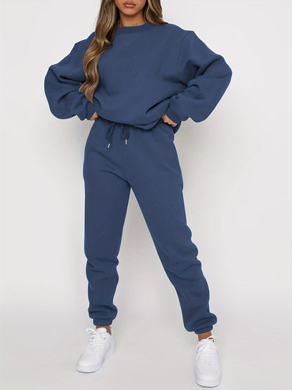 Damen Jogging Set Oversized Sweatshirt und Hochtaillierte Jogger