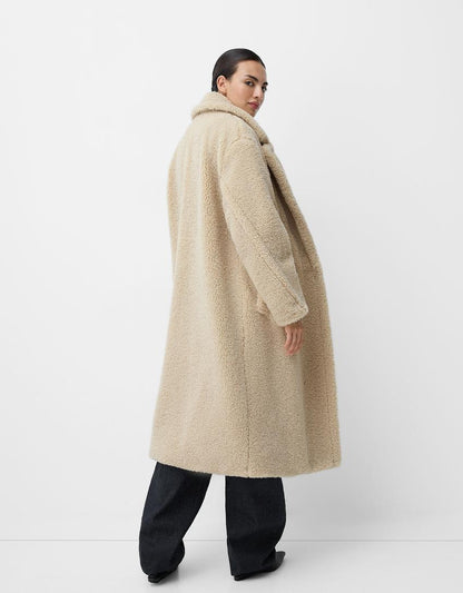Damen Oversized Teddyfell Wintermantel Reverskragen Knopfverschluss