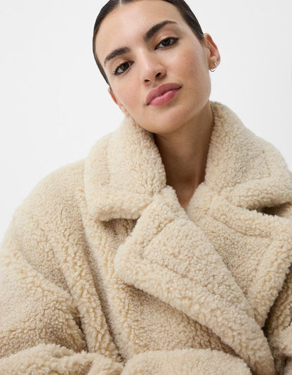 Damen Oversized Teddyfell Wintermantel Reverskragen Knopfverschluss