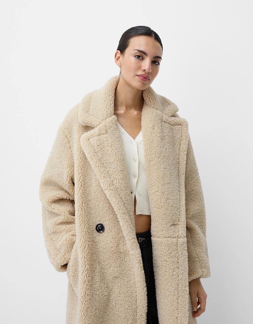 Damen Oversized Teddyfell Wintermantel Reverskragen Knopfverschluss - Eveloria
