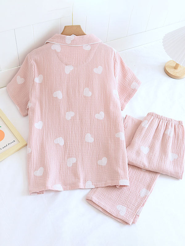Damen Pyjama-Set Herzmuster Knopfleiste