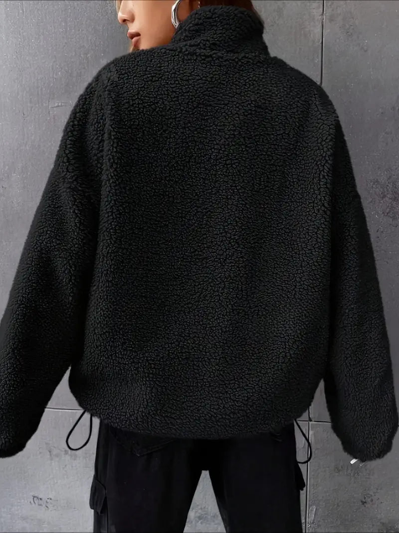 Damen Teddyjacke Lockere Passform Reißverschluss Tropfenschulter - Eveloria