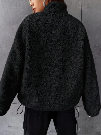 Damen Teddyjacke Lockere Passform Reißverschluss Tropfenschulter - Eveloria
