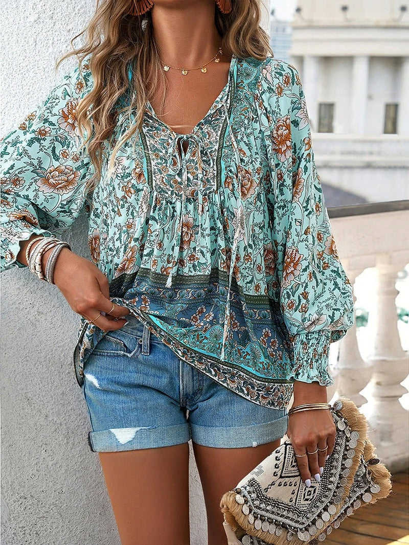 Damen Boho Bluse Blumenmuster Langärmlig Bindekragen