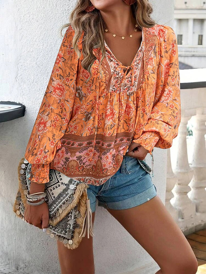 Damen Boho Bluse Blumenmuster Langärmlig Bindekragen