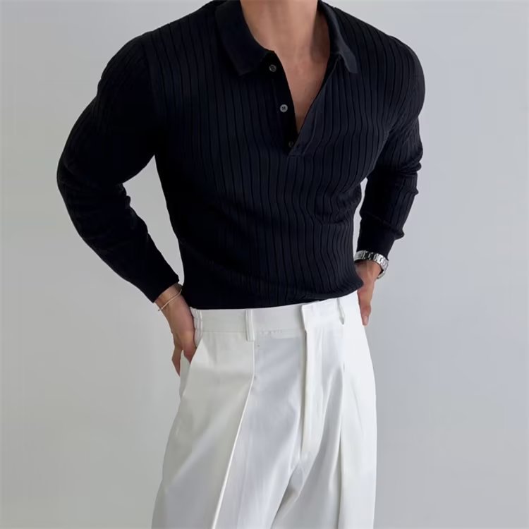Herren Langarm Polo-Shirt Gerippt Knopfleiste