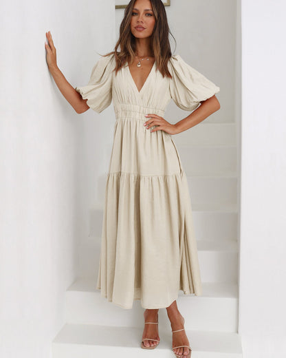 Damen Sommer-Midikleid V-Ausschnitt Puffärmel Einfarbig Elegant - Eveloria