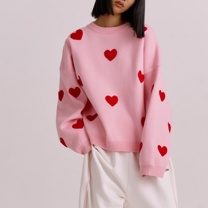 Eveloria Damen Strick Sweatshirt Langarm Übergröße Herzmuster - Eveloria