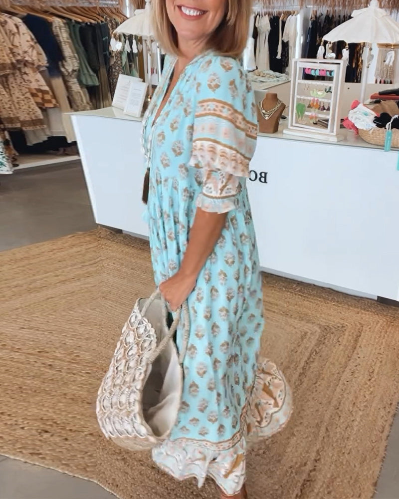 Eveloria Damen Kleid V-Ausschnitt Halbärmlig Bedruckt