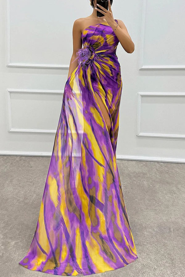 Damen Abendkleid Schulterfrei Maxilänge Hochschlitz