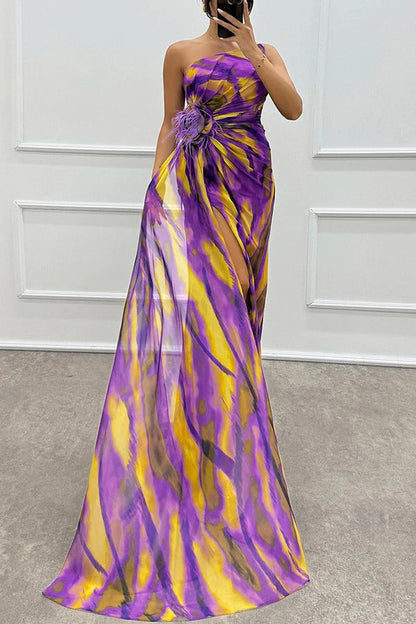Damen Abendkleid Schulterfrei Maxilänge Hochschlitz