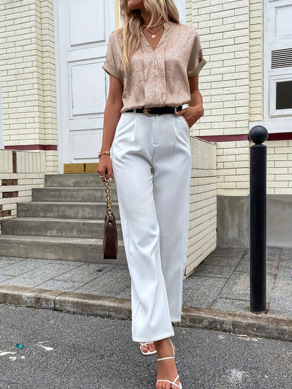 Damen Bluse V-Ausschnitt Kurzärmel Büro Bluse Weiß