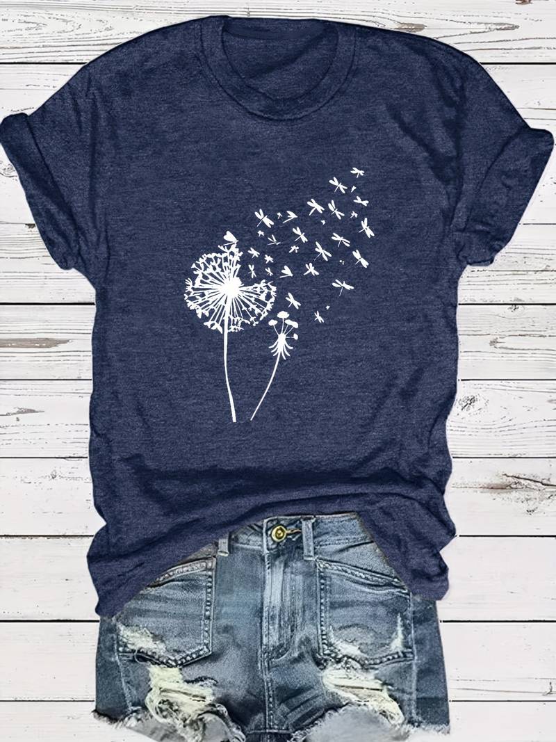 Eveloria Damen T-Shirt Löwenzahn-Print Rundhals Weiss
