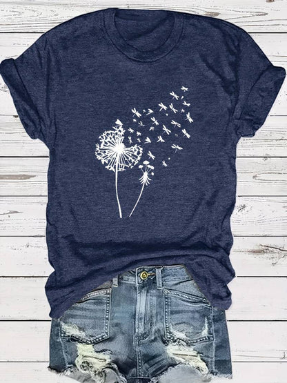 Eveloria Damen T-Shirt Löwenzahn-Print Rundhals Weiss