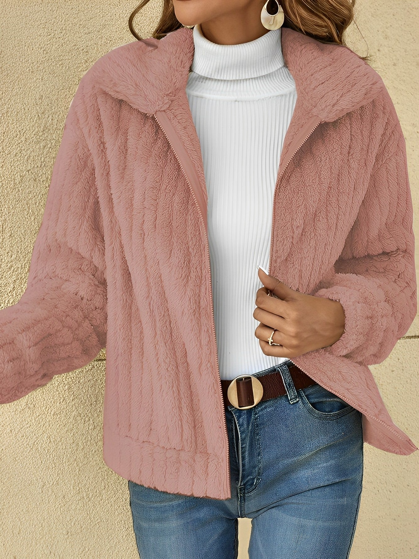 Damen Teddyjacke Kurz Kuschelig Reißverschluss Beige