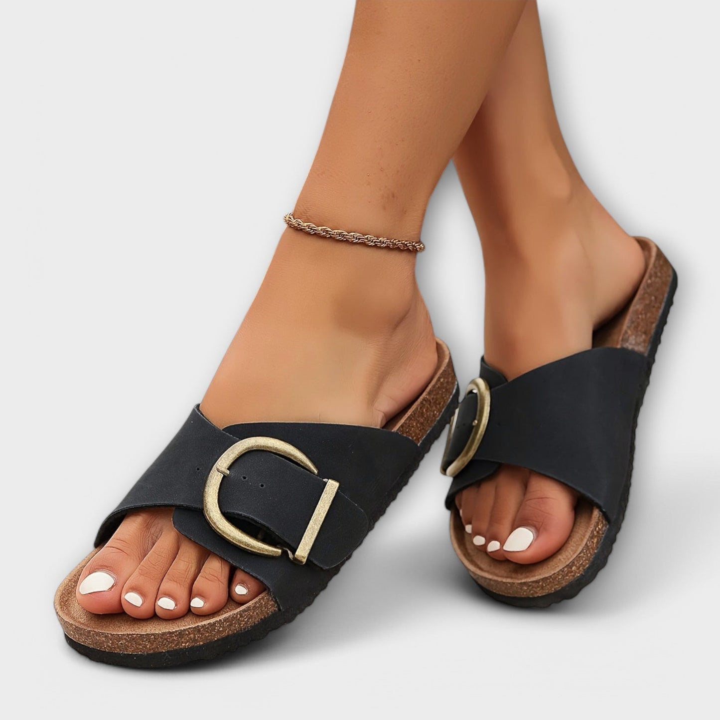 Eveloria Damen Slide Sandalen Schnalle Leder
