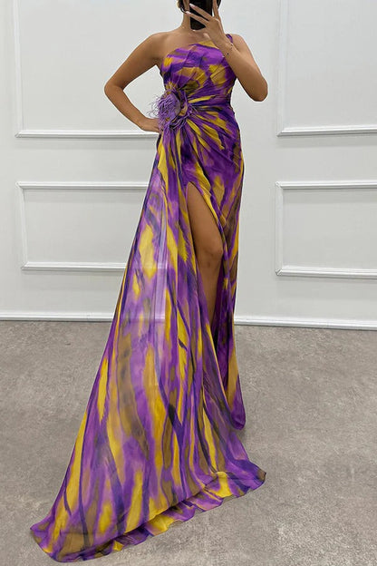 Damen Abendkleid Schulterfrei Maxilänge Hochschlitz